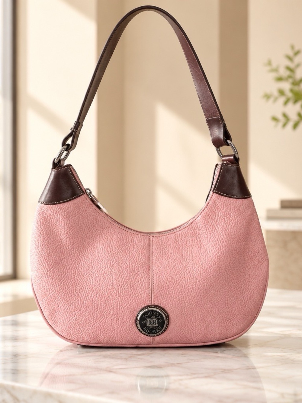 Dooney & Bourke Pink Shoulder Bag with Brown Trim and Strap